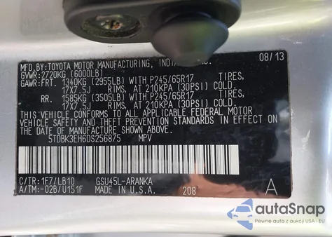 2013 Toyota Highlander Se V6 from USA, damaged, VIN 5TDBK3EH6DS256875